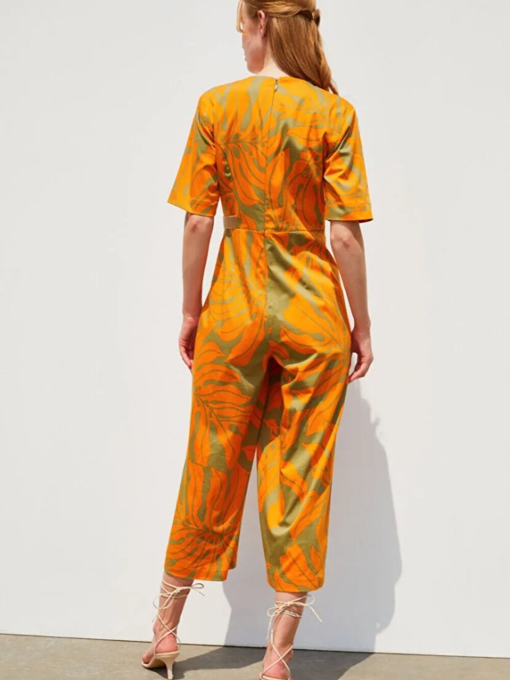Green & Orange Tropical Print Wrap Jumpsuit – Short Sleeve Wide Leg - Picture 5 of 5